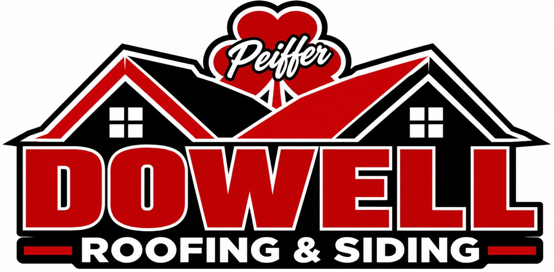 Pfeiffer Dowell Roofing & Siding logo with red and black house roof graphic