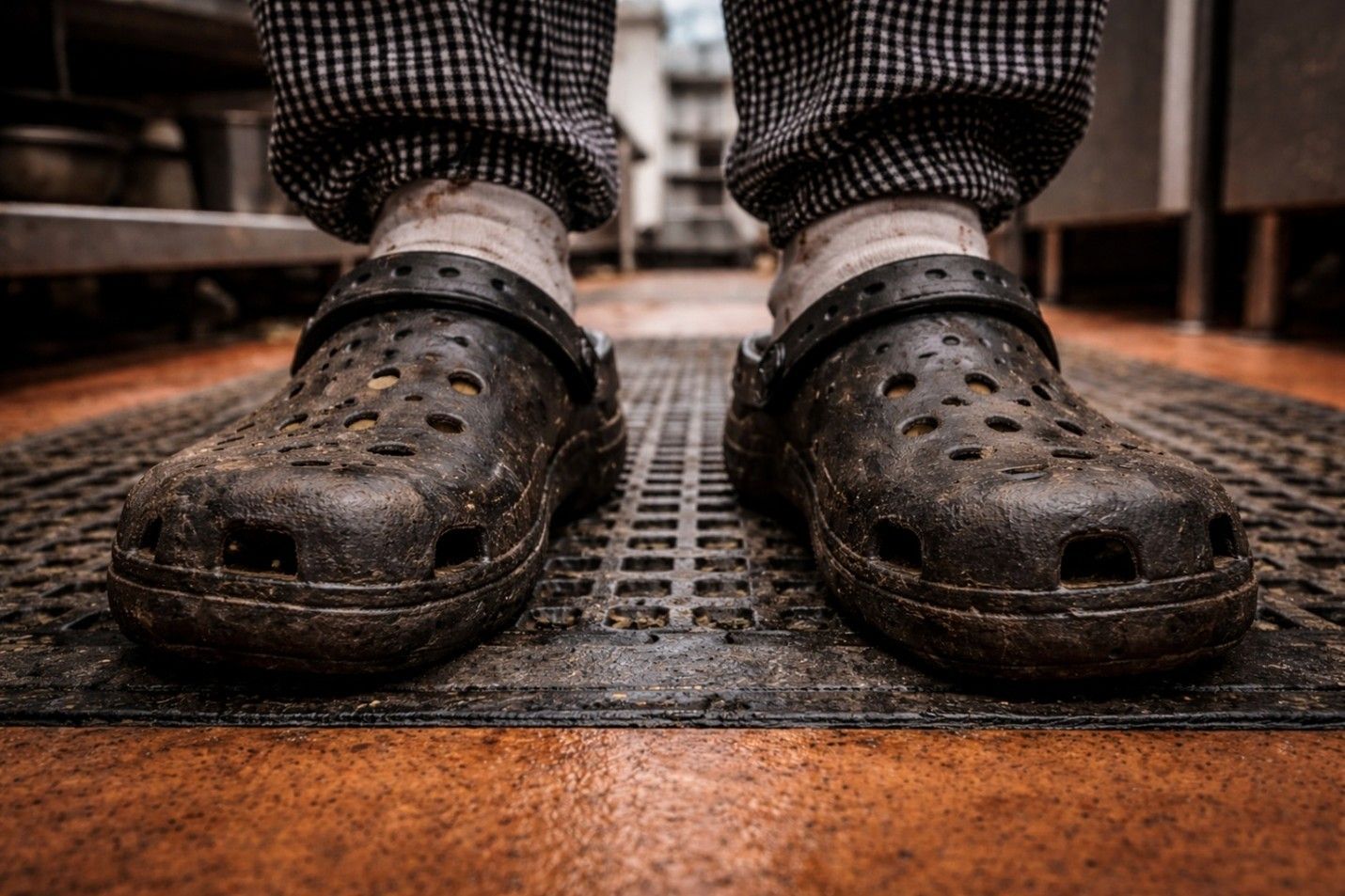 Black clogs on a checkered mat, worn by someone wearing grey pants and white socks, in a kitchen.