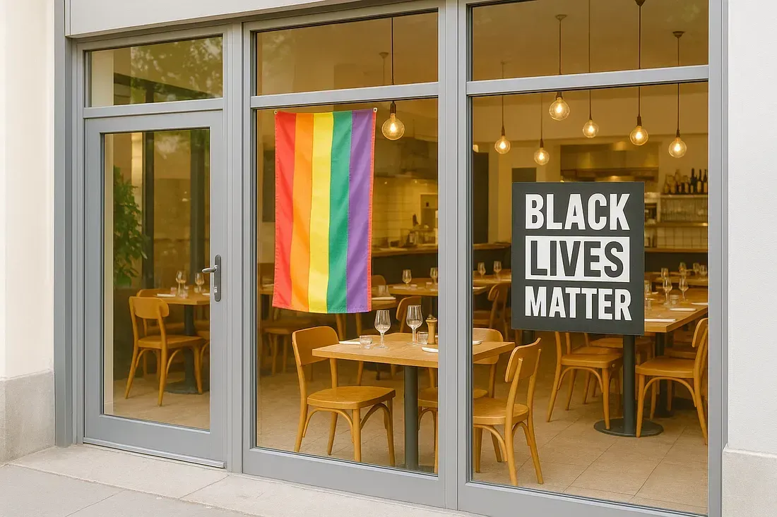 Restaurant window display with a rainbow flag and a 