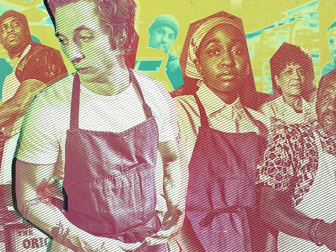 Group of people wearing aprons, possibly kitchen staff, in colorful, textured artwork style.