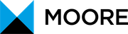MOORE logo with black text and blue-black geometric mark on white background
