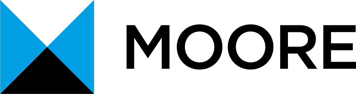 MOORE logo with black text and blue-black geometric mark on white background