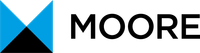MOORE logo with black text and blue-black geometric mark on white background