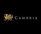 A logo for cambria with a dragon on a black background.