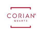 The logo for corian quartz is red and white.