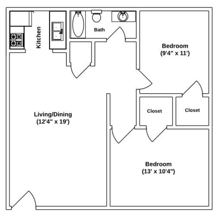 Floor Plan: Saxon · 2 Bed · 1 Bath · 674 SQ. FT.