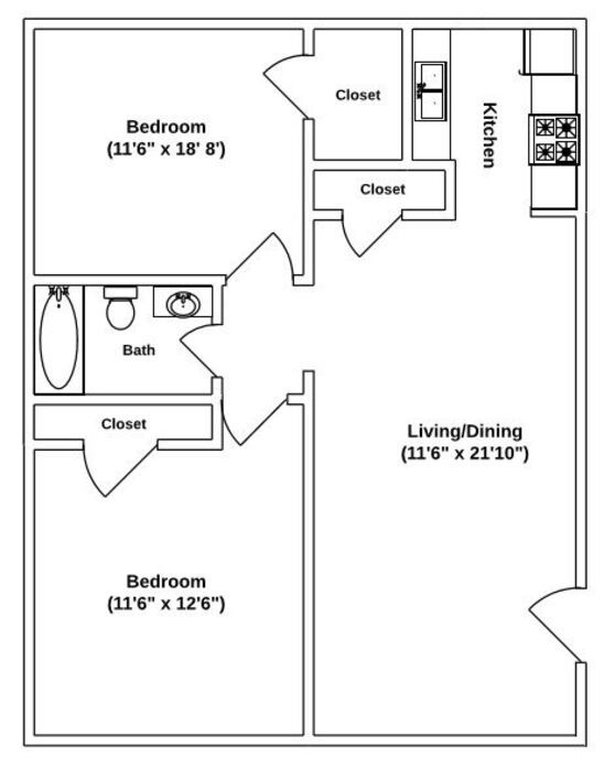 Floor Plan: Burmingham · 2 Bed · 1 Bath · 805 SQ. FT.