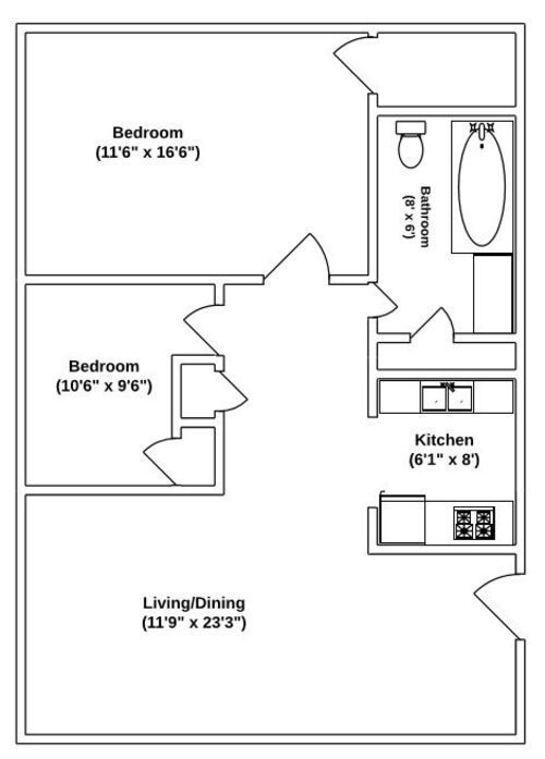 Floor Plan: Manchester · 2 Bed · 1 Bath · 822 SQ. FT.