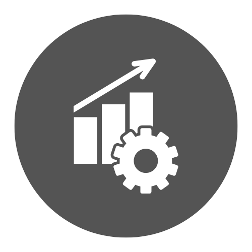 A graph with an arrow and a gear in a circle.