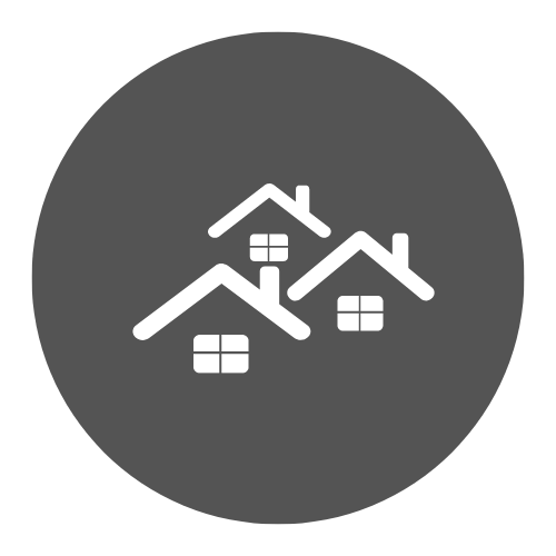 A white icon of three houses in a circle.