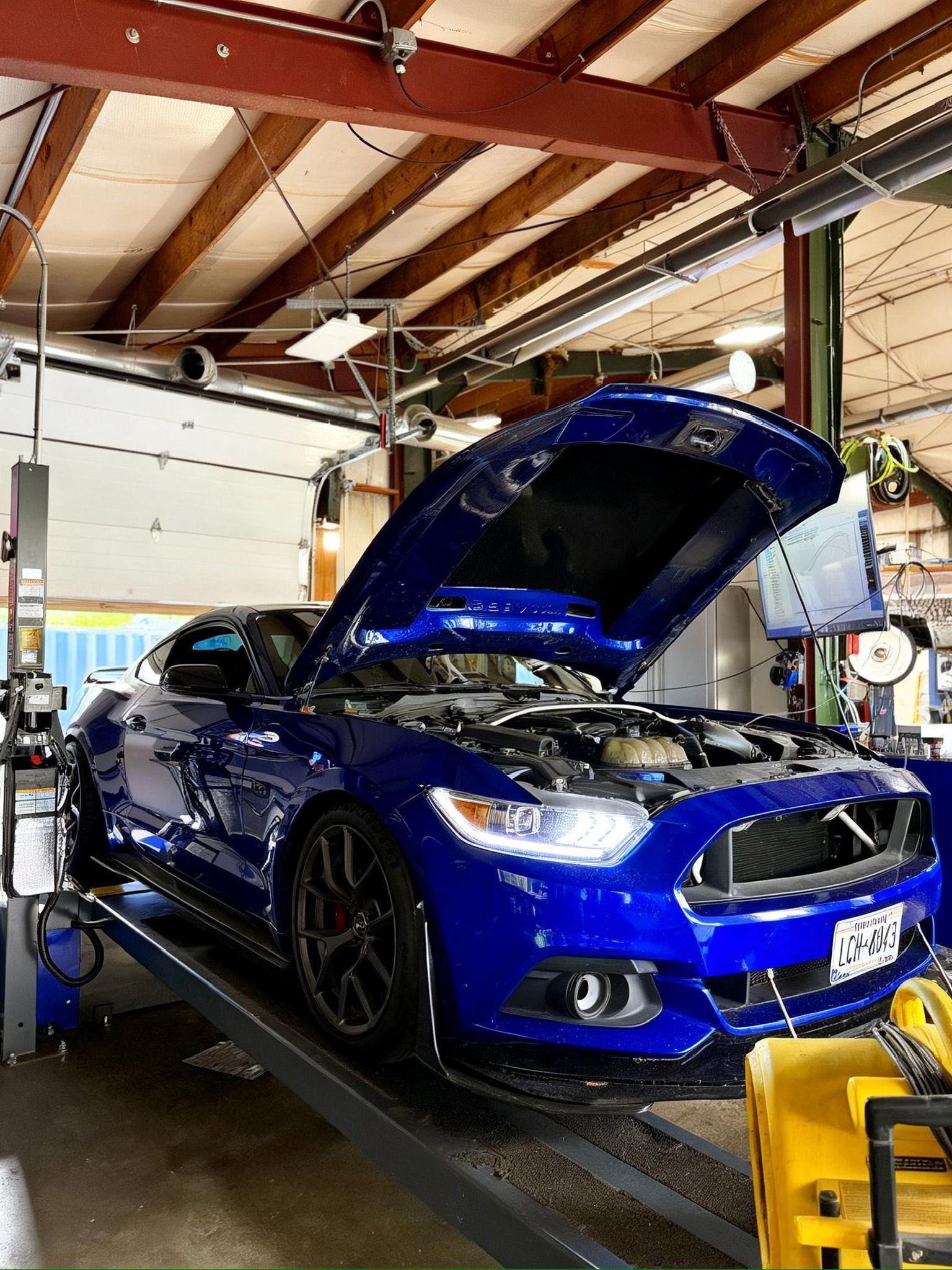 Blue sports car with hood open on a lift in an auto shop garage