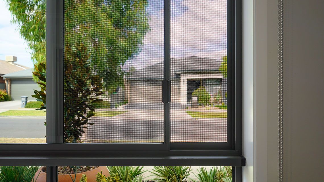 A view looking through a dark mesh security screen at a residential street — Budget Screens & Awnings in South Lismore, NSW