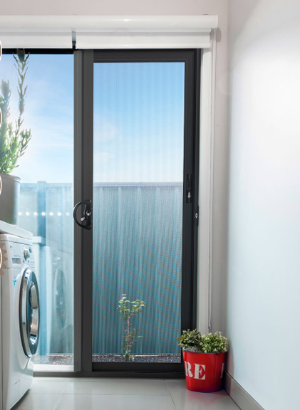 A Potted Plant Sits in Front of a Glass Door — Budget Screens & Awnings in South Lismore, NSW