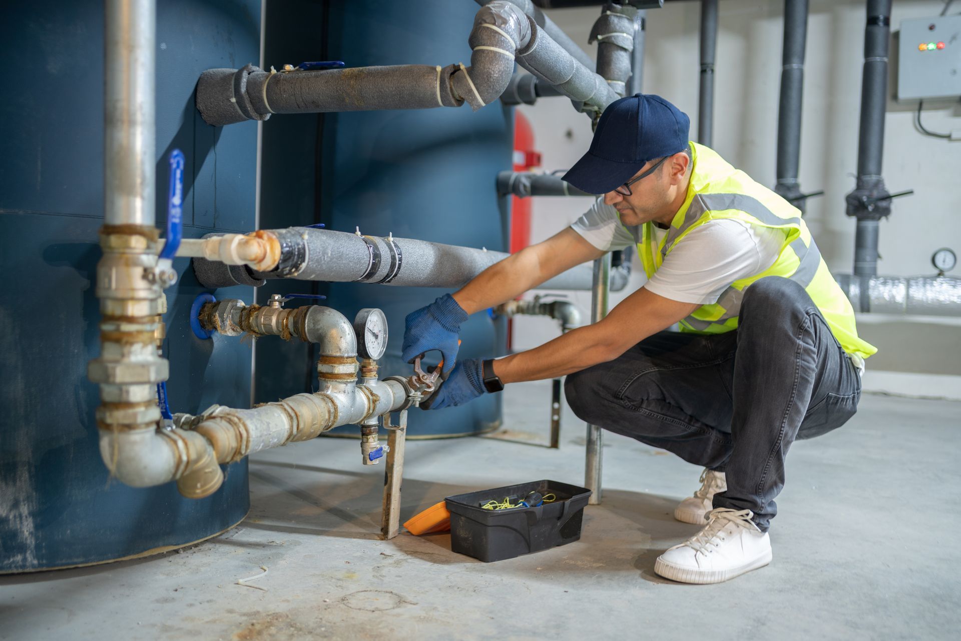 A plumber is working on a pipe in a building.