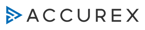 Accurex logo with blue triangular icon and black uppercase wordmark