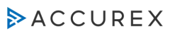 Accurex logo: blue angular shape, black text.
