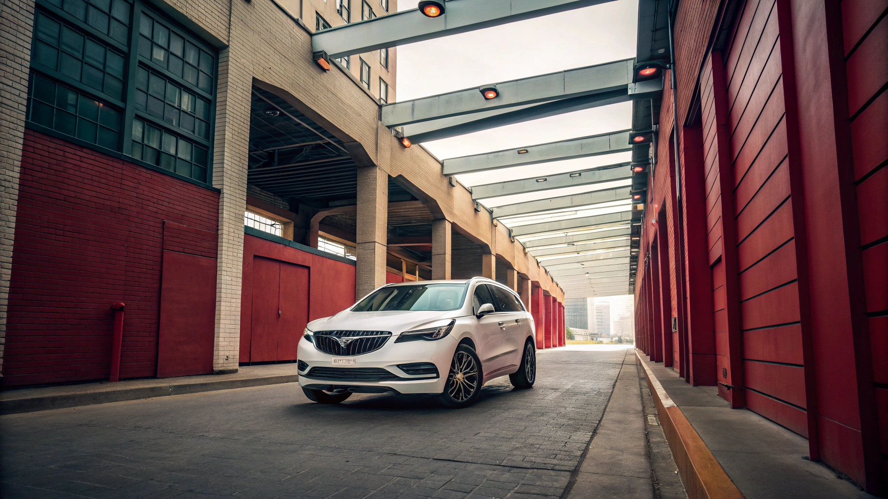 A sleek white car is parked on a narrow urban street, flanked by red brick walls.