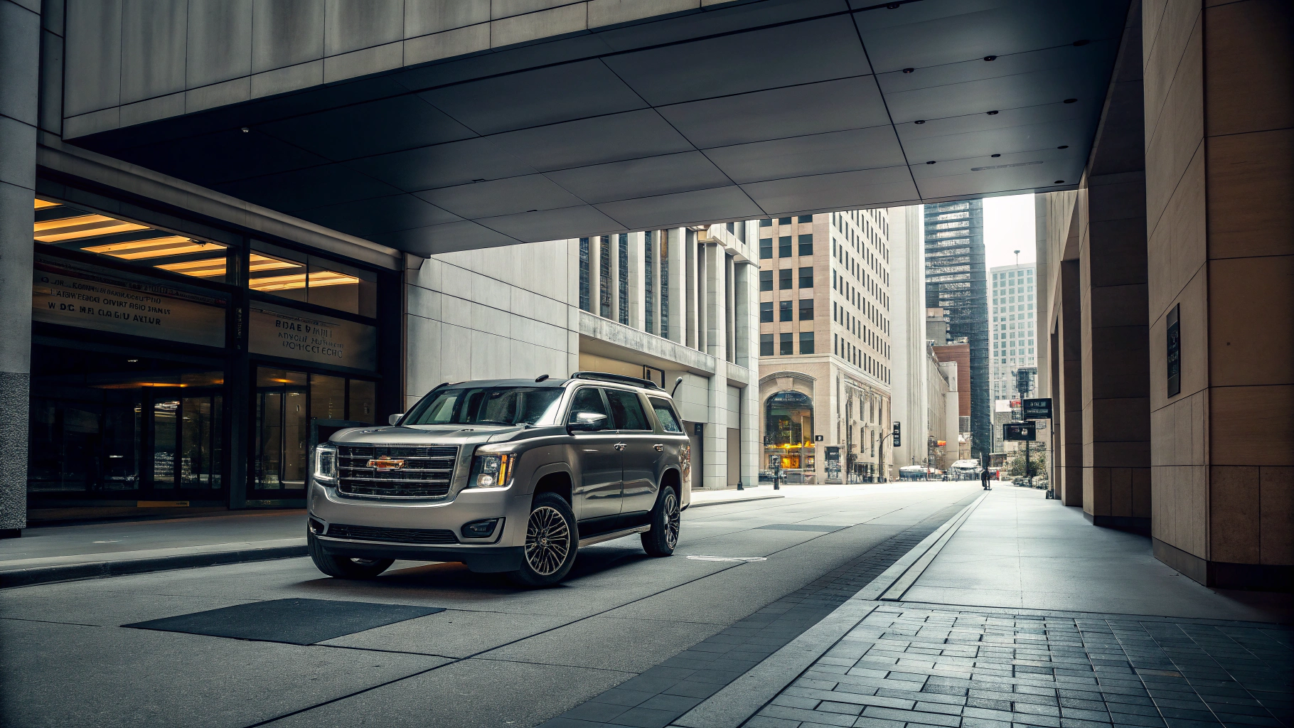 Silver SUV driving through a city street under a bridge, surrounded by tall buildings.