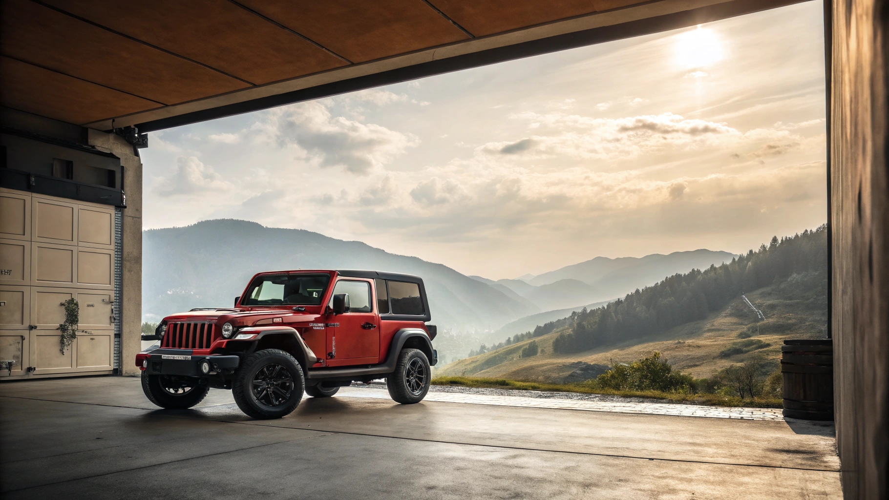 A red Jeep is parked in a spacious garage with open doors, overlooking a mountainous landscape at sunrise.