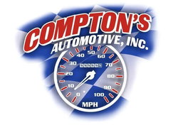 Logo for Compton's Automotive, Inc. with a speedometer graphic, checkered flag background, and red and blue text.
