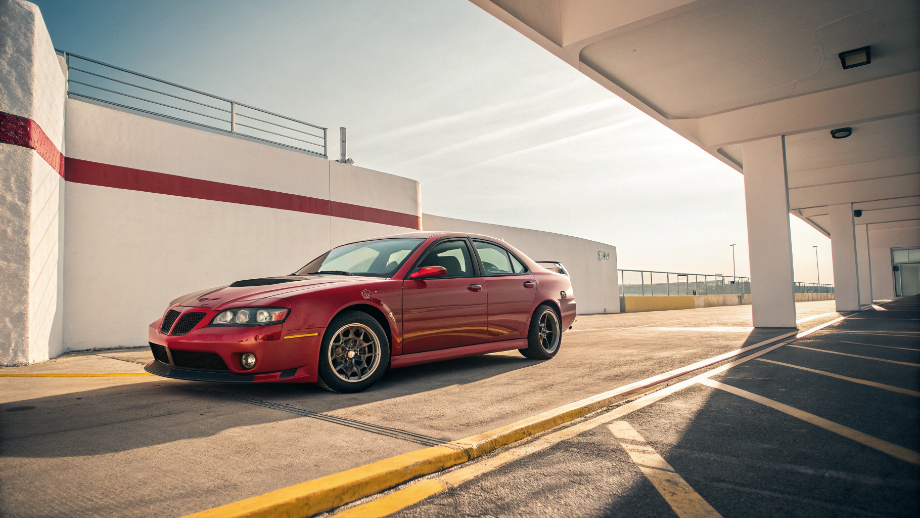 A red sports sedan with sleek lines is parked in an empty garage under warm sunlight.