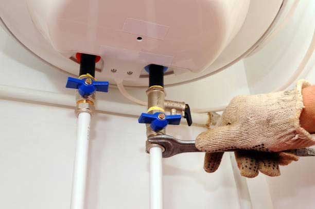 A person using a wrench on plumbing near a white water heater, indoors.