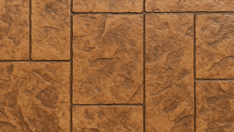 Brown textured stone tile wall with rectangular blocks and grout lines