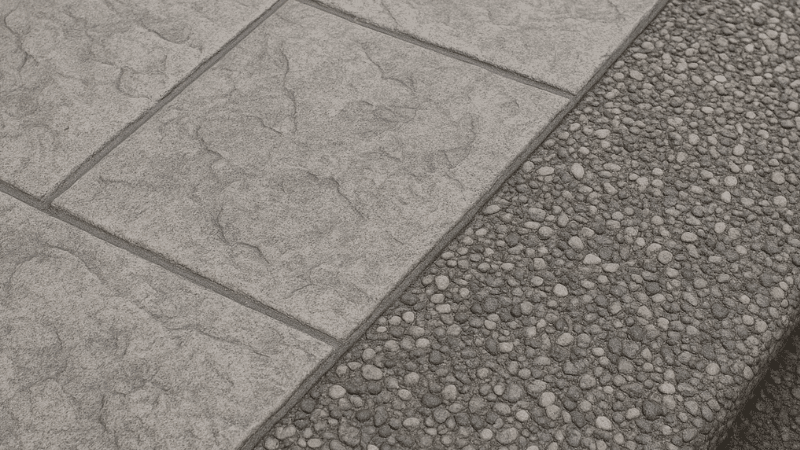 Close-up of gray stone pavement with textured and smooth rectangular tiles.