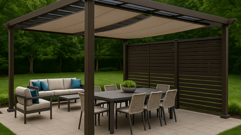 Covered patio with outdoor dining table, chairs, and lounge seating beside a wooden privacy screen.