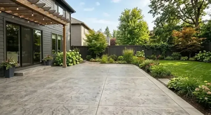 Patio with stamped concrete beside a modern house, bordered by lush green landscaping and trees
