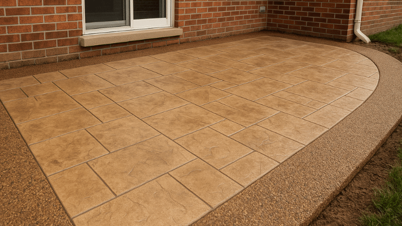Tan tiled patio beside a brick house wall and window, bordered with brown pebble edging.