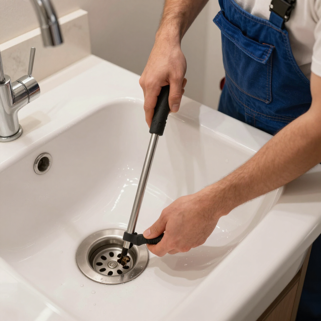 Person using a sink drain cleaner tool in a white bathroom sink