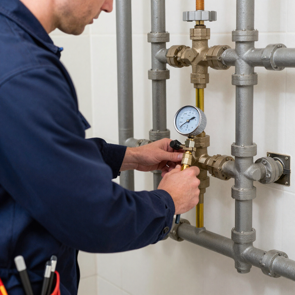 Technician adjusting a pressure gauge on industrial piping in a utility room