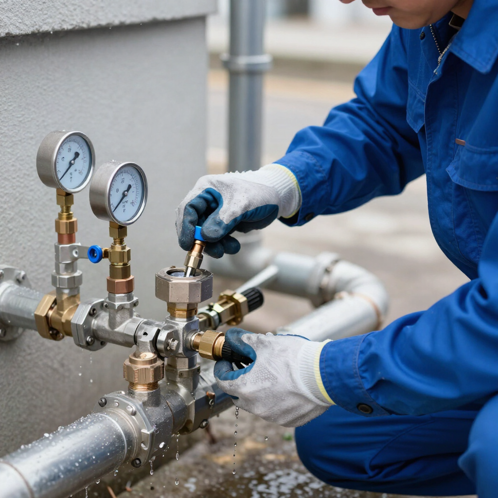 Technician in blue uniform adjusting industrial pipe valves with gauges at an outdoor facility