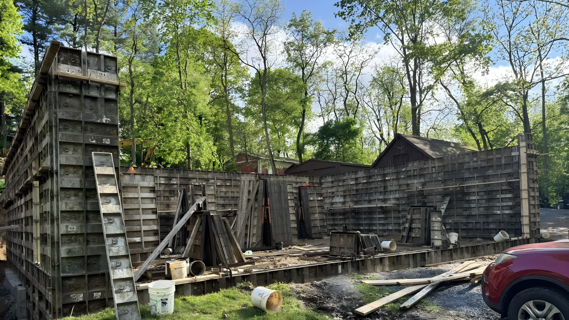 Charred wooden structure in a wooded area, with smoke damage, debris, and a red car at the edge