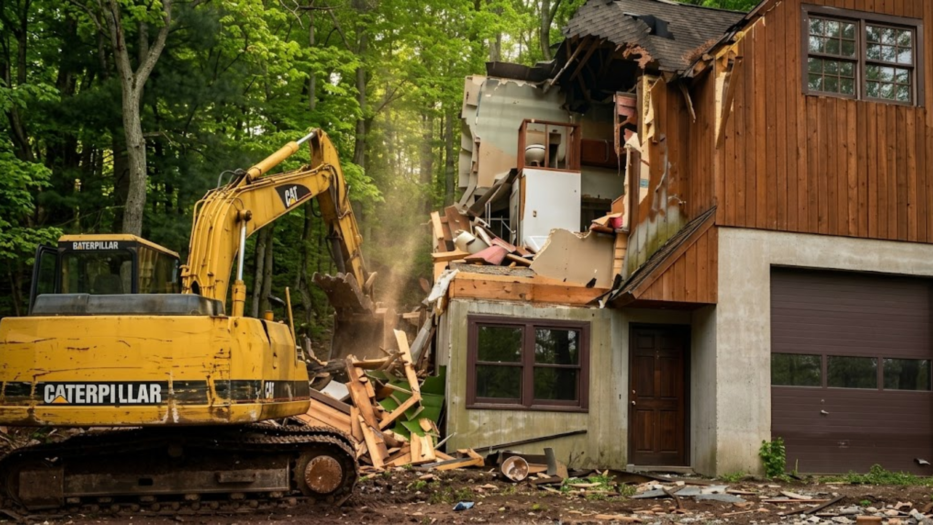 Yellow excavator demolishing a house in a wooded suburban driveway