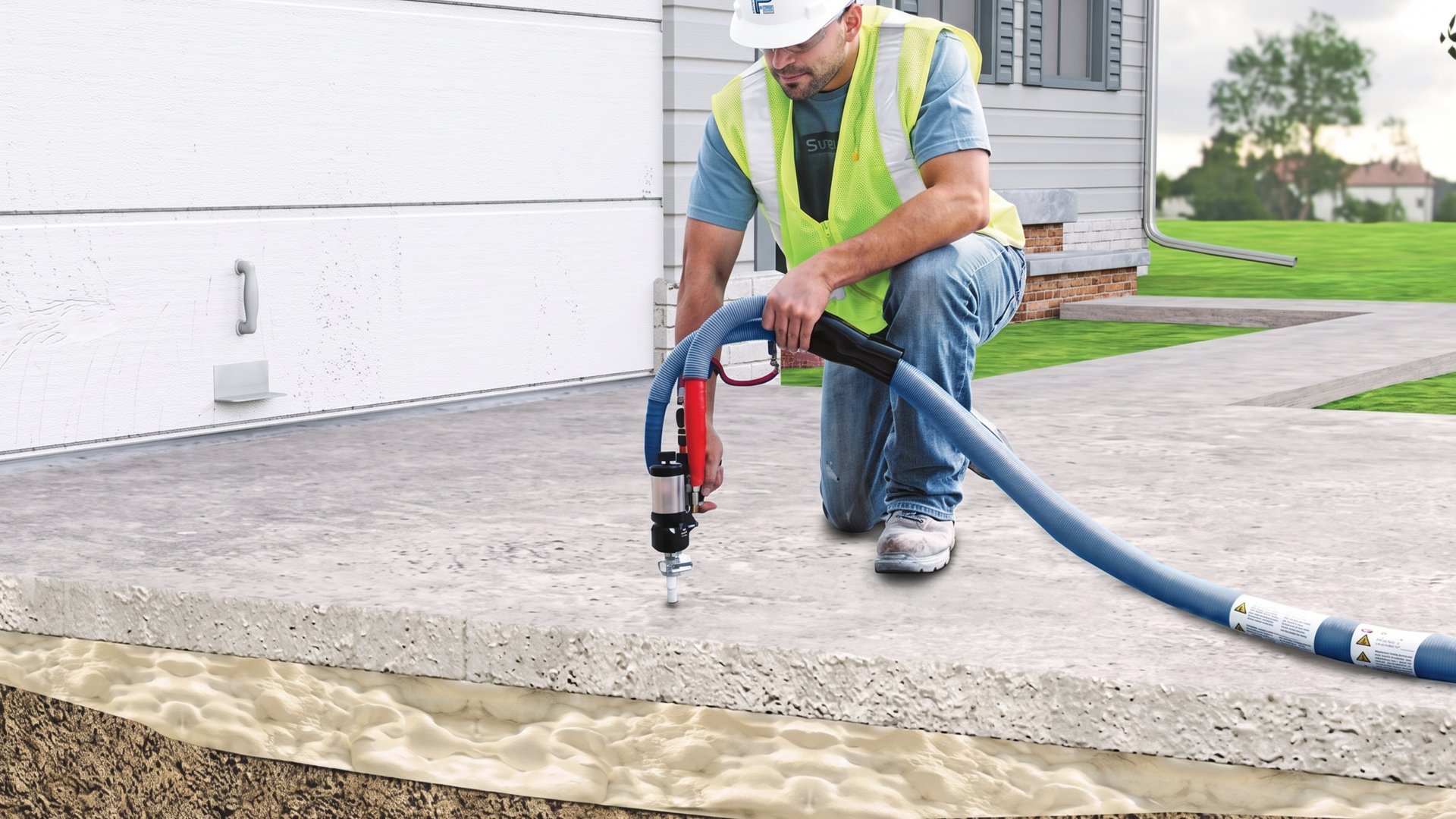 Worker using a concrete saw to cut pavement beside a house