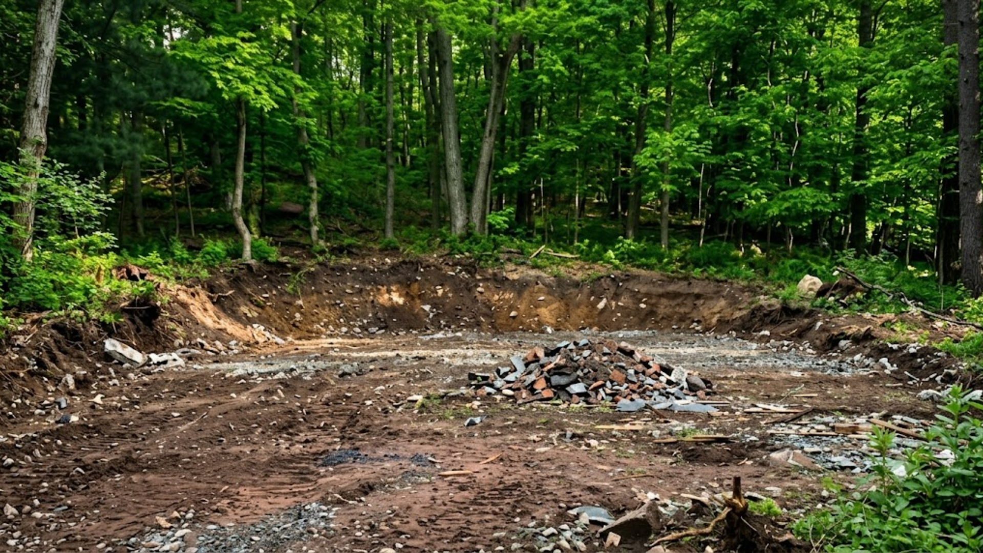 Cleared forest lot with exposed dirt and a small pile of rocks, surrounded by green trees