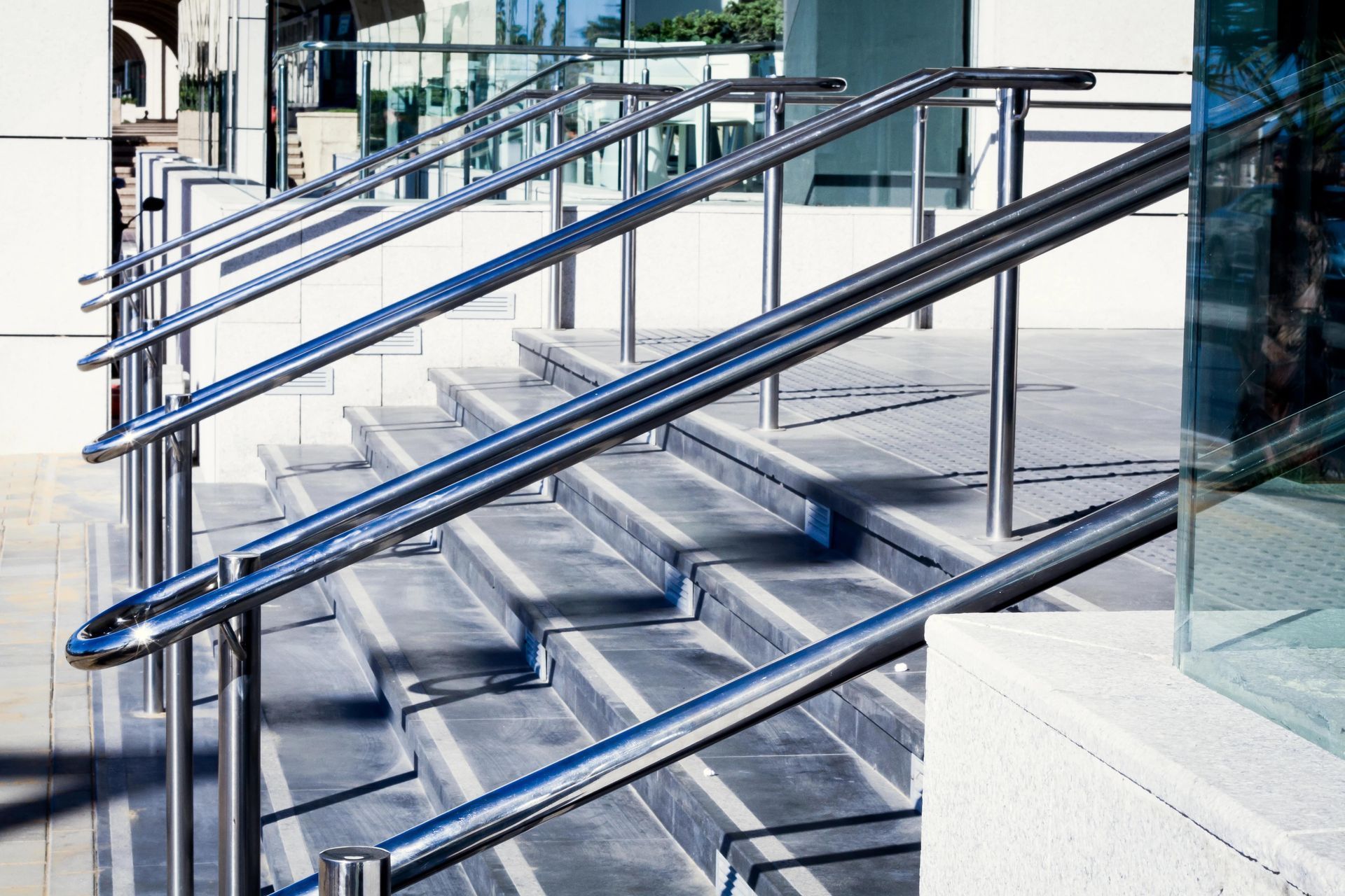 stainless steel railing outside commercial building