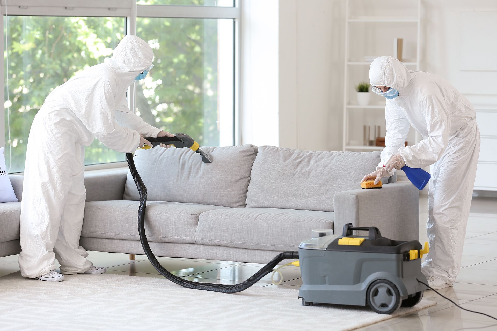 Two men in protective suits are cleaning a couch in a living room.