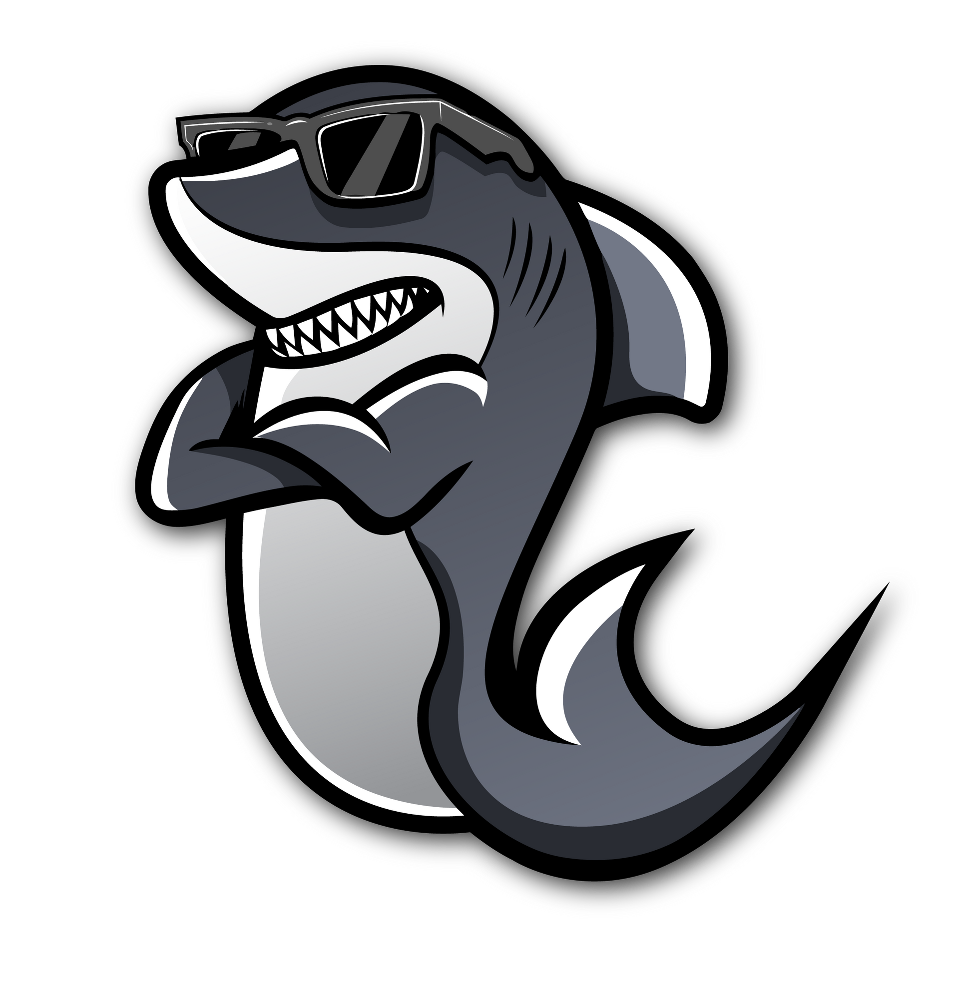 A shark wearing sunglasses is standing on its hind legs
