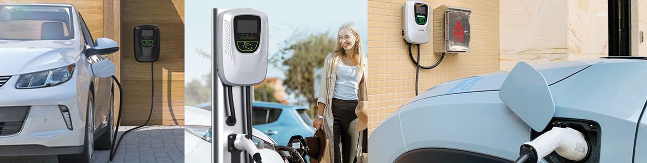 A collage of three pictures of a car being charged at a charging station.
