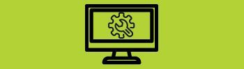 A computer monitor with a gear on the screen.