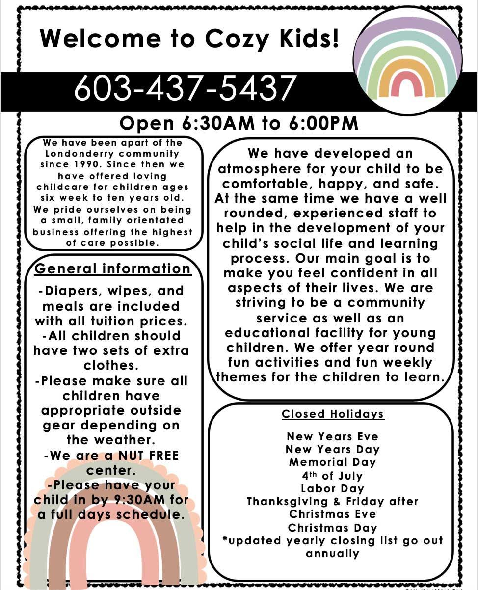 A welcome to cozy kids flyer is open from 6:30 am to 6:00 pm.