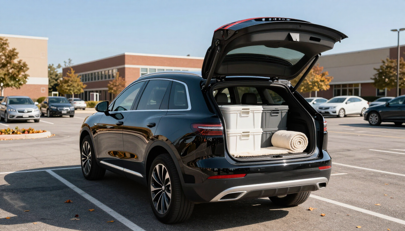 Large black SUV loaded with college gear