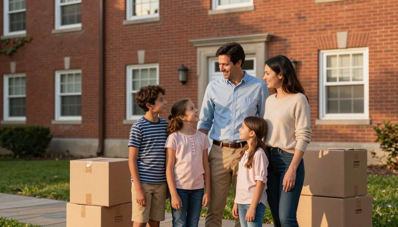 Happy family in front of a college dorm