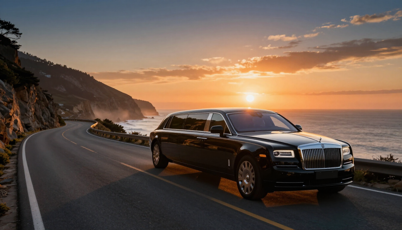Luxury black limousine on a scenic road