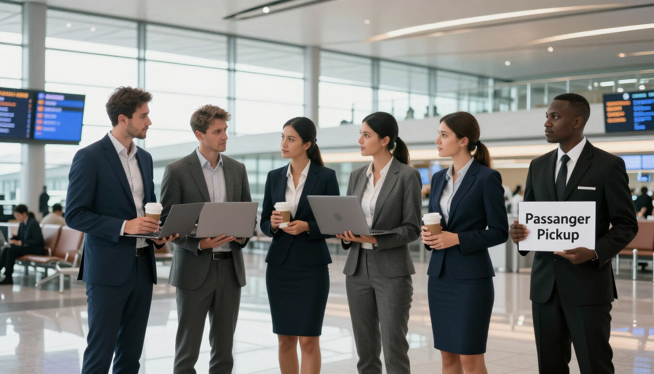 A professional chauffeur greeting event attendees at a modern airport terminal.