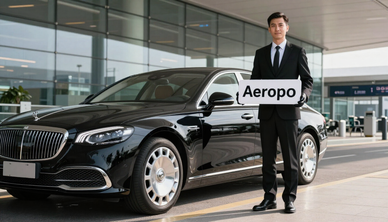 Luxury black car service for corporate executives at airport terminal