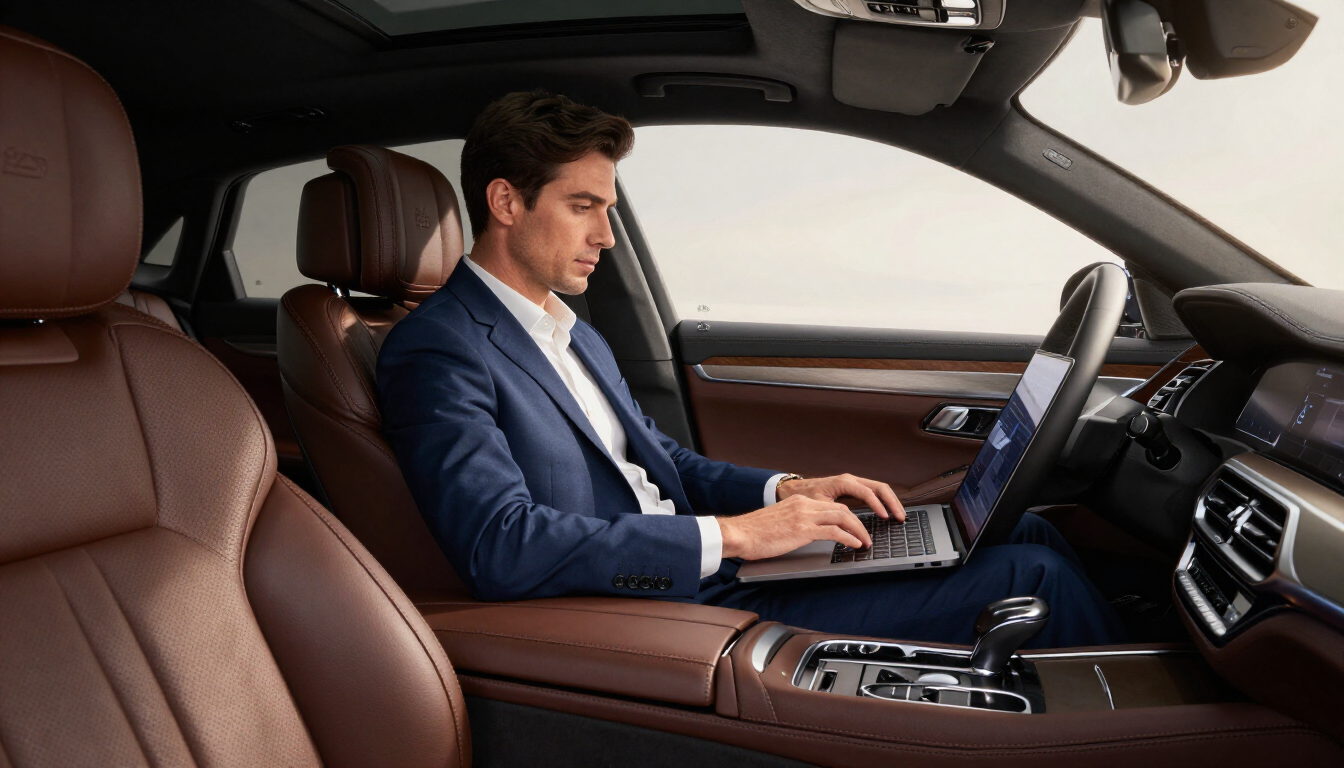 photorealistic interior of luxury sedan with business person working on laptop natural light